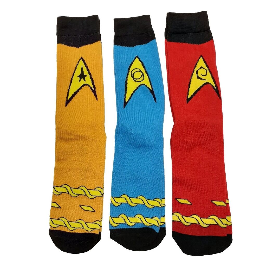 Star Trek Spock Kirk Enterprise Red Blue 3 Pair of Men Crew Socks Size 6-12 NWOT